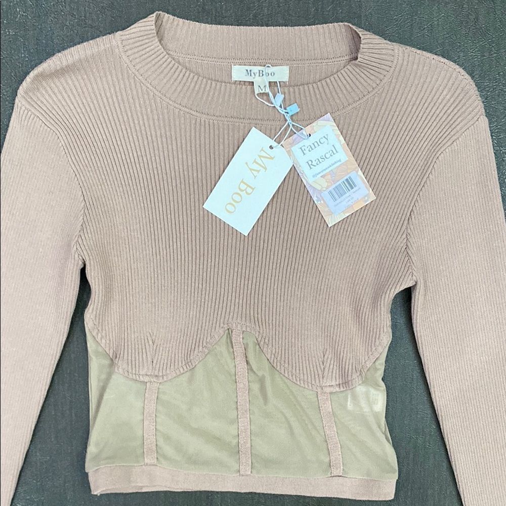 NWT My Boo Beige and Tan Ribbed Long Sleeve Cropped Sweater Top Size M
